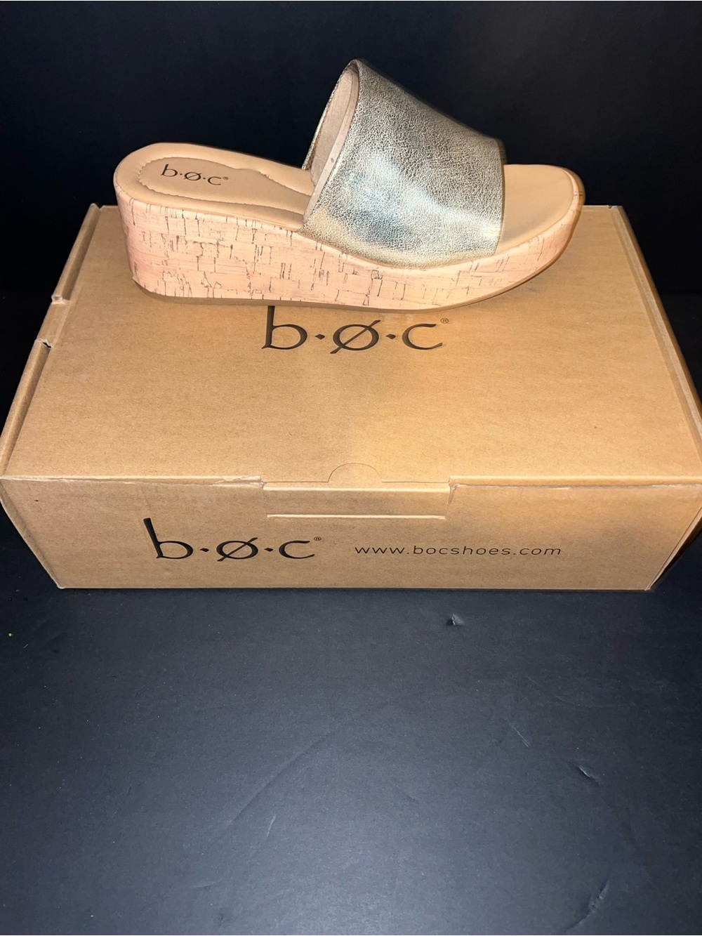 b.o.c. Metallic Gold Cork Wedge Slide Mule